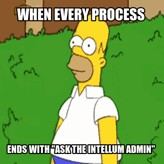 A Simpsons-style meme of Homer backing into bushes with text, “When every process ends with ask the Intellum admin.”