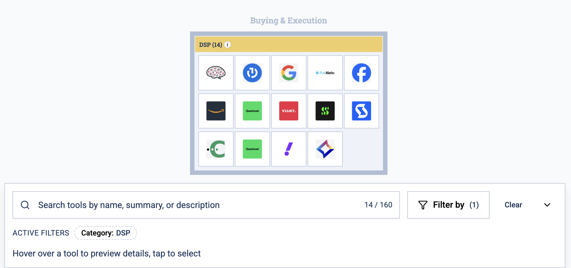 Filtered view of AI ad tech companies showing DSP tools in the AI advertising platforms Knowledgescape.
