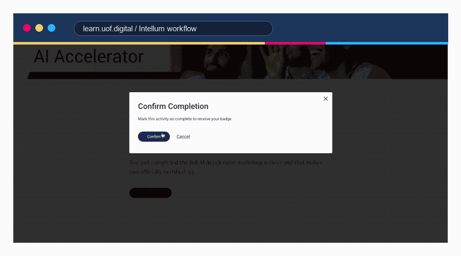 Browser-framed Intellum workflow showing a learner completion action triggering a badge and letter path.